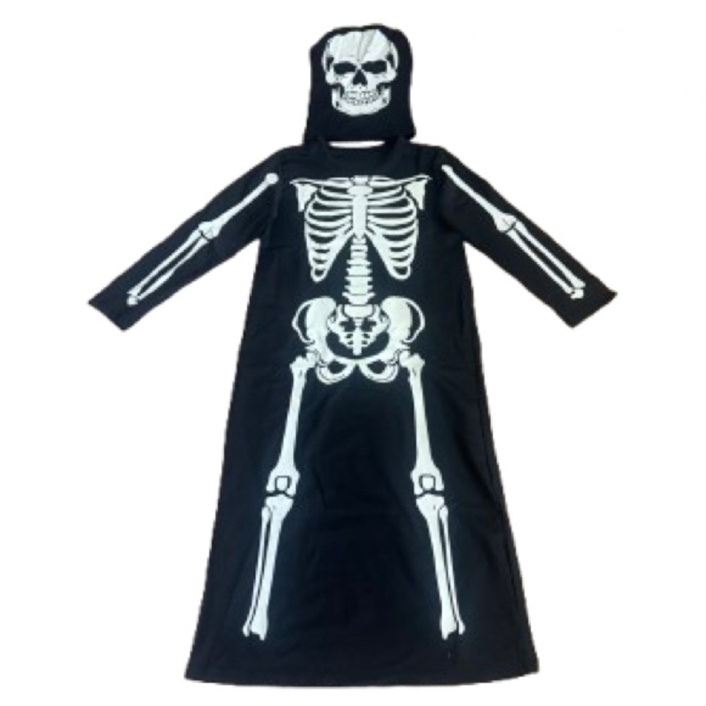 117 NIB Glow In The Dark Skeleton Halloween Costume with Gloves & Mask -Size: 14